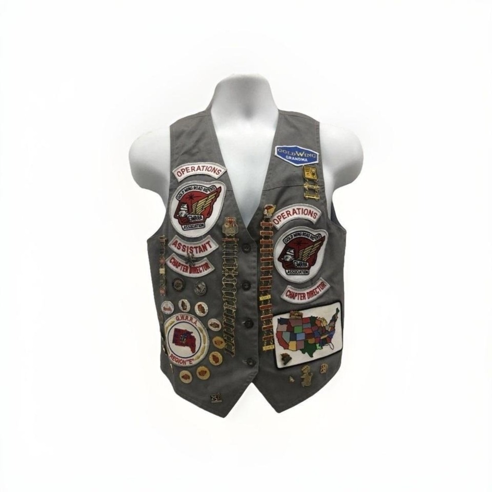 Dark Grey Gold Wing Road Riders Vest w Patches Pins Eclectic Grandma Unique Sz S - Picture 2 of 6